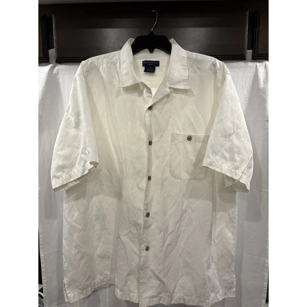 Gordon Clothing Co. XL Hawaiian Camp Shirt Ivory Palm Tree Jacquard Short Sleeve